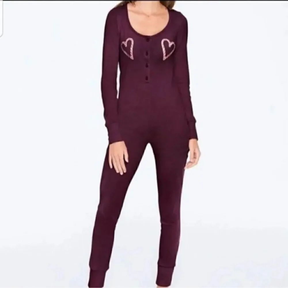 New Victoria's Secret Pink Candy Cane Hearts Onesie Pajamas jumpsuit Plum Medium